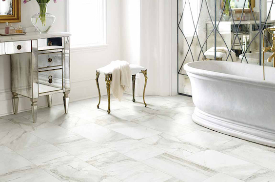 beautiful waterproof tile flooring in a classy and elegant bathroom